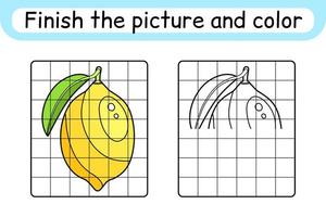 Complete the picture lemon. Copy the picture and color. Finish the image. Coloring book. Educational drawing exercise game for children vector