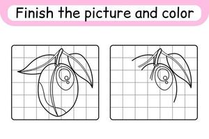 Complete the picture plum. Copy the picture and color. Finish the image. Coloring book. Educational drawing exercise game for children vector