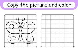 copia la imagen y colorea la mariposa. completa la imagen terminar la imagen. libro de colorear. juego educativo de ejercicios de dibujo para niños vector