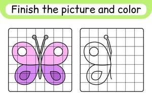 Completa la imagen de la mariposa. copiar la imagen y el color. terminar la imagen. libro de colorear. juego educativo de ejercicios de dibujo para niños vector