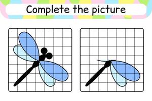 completa la imagen libélula. copiar la imagen y el color. terminar la imagen. libro de colorear. juego educativo de ejercicios de dibujo para niños vector