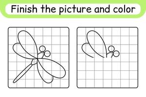 Complete the picture dragonfly. Copy the picture and color. Finish the image. Coloring book. Educational drawing exercise game for children vector