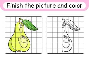 Complete the picture pear. Copy the picture and color. Finish the image. Coloring book. Educational drawing exercise game for children vector