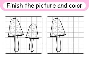 Complete the picture mushroom coprinus. Copy the picture and color. Finish the image. Coloring book. Educational drawing exercise game for children vector