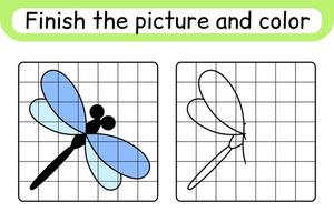 Complete the picture dragonfly. Copy the picture and color. Finish the image. Coloring book. Educational drawing exercise game for children vector