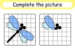 Complete the picture dragonfly. Copy the picture and color. Finish the image. Coloring book. Educational drawing exercise game for children vector