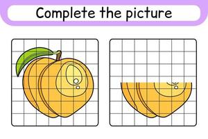 Complete the picture peach. Copy the picture and color. Finish the image. Coloring book. Educational drawing exercise game for children vector