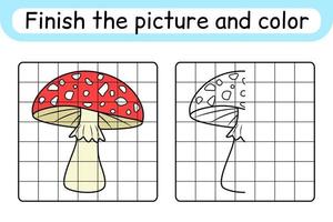 Complete the picture mushroom amanita. Copy the picture and color. Finish the image. Coloring book. Educational drawing exercise game for children vector