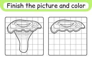 Complete the picture mushroom chanterelle. Copy the picture and color. Finish the image. Coloring book. Educational drawing exercise game for children vector