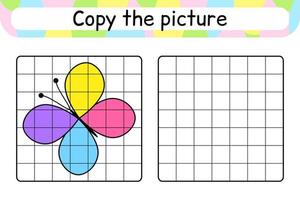 Copy the picture and color butterfly. Complete the picture. Finish the image. Coloring book. Educational drawing exercise game for children vector