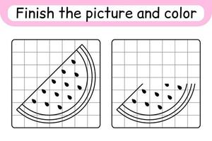 Complete the picture watermelon. Copy the picture and color. Finish the image. Coloring book. Educational drawing exercise game for children vector