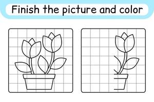 Complete the picture flower tulip. Copy the picture and color. Finish the image. Coloring book. Educational drawing exercise game for children vector