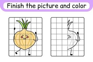 Complete the picture onion. Copy the picture and color. Finish the image. Coloring book. Educational drawing exercise game for children vector