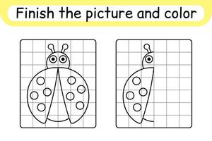 completa la imagen mariquita. copiar la imagen y el color. terminar la imagen. libro de colorear. juego educativo de ejercicios de dibujo para niños vector