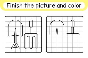 Complete the picture pitchfork and shovel. Copy the picture and color. Finish the image. Coloring book. Educational drawing exercise game for children vector