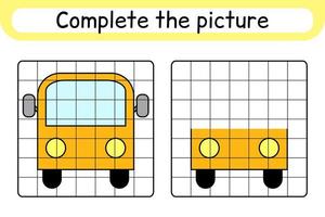 completar el autobús de la imagen. copiar la imagen y el color. terminar la imagen. libro de colorear. juego educativo de ejercicios de dibujo para niños vector