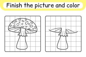 Complete the picture mushroom amanita. Copy the picture and color. Finish the image. Coloring book. Educational drawing exercise game for children vector
