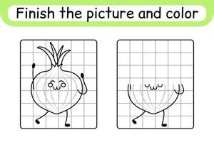 Complete the picture onion. Copy the picture and color. Finish the image. Coloring book. Educational drawing exercise game for children vector