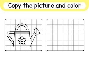 Copy the picture and color watering can. Complete the picture. Finish the image. Coloring book. Educational drawing exercise game for children vector