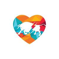 Bull with thunder and heart shape logo design. Flash electric energy in bull. vector