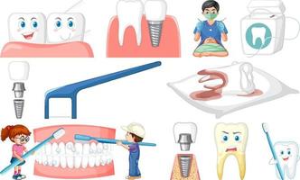 Set of dental equipments and cartoon characters vector