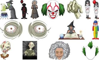 conjunto de objetos de terror de halloween y personajes de dibujos animados vector