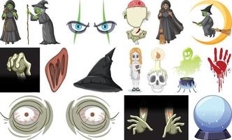 Set of horror halloween objects and cartoon characters vector