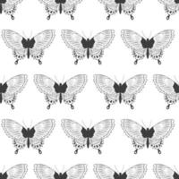 Seamless pattern with black silhouettes of butterflies isolated on a white background. Simple monochrome abstract outline design vector