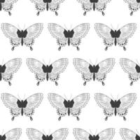 Seamless pattern with black silhouettes of butterflies isolated on a white background. Simple monochrome abstract outline design vector