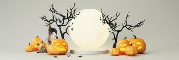 Happy Halloween party posters set with night clouds and pumpkins in cartoon illustration. Full moon, witch cauldron, spiders web and skull. Place for text. Brochure background. 3d render photo