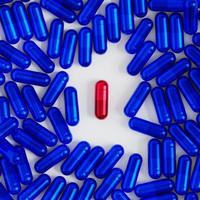 Blue and red capsule pills on white background, healthcare medical concept, antibiotics and cure, 3d render photo