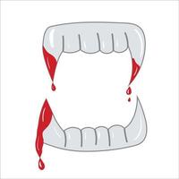 Halloween vampire teeth with blood flat vector illustration. Isolated object on white background. Good for posters, party invitations, stickers, cards, gift.