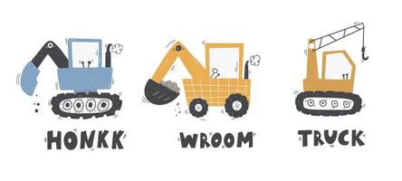 Cute children's set trucks and diggers in Scandinavian style on a white background. Building equipment. Funny construction transport. vector