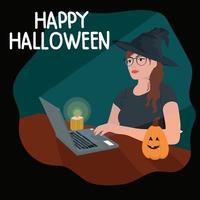 Woman in witch costume celebrate Halloween online vector