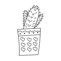 Cactus in pot with hearts in style of doodles. Vector isolated image for web design or print