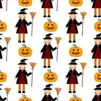 Pattern of pumpkin and witch on white background. Vector image for home decoration or textiles