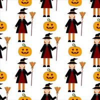 Pattern of pumpkin and witch on white background. Vector image for home decoration or textiles