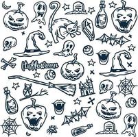 Halloween, ghost, cat, owl, skull, grave, hat, magic broom, bottle illustrations using a hand drawing style continued with digital coloring vector