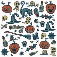 halloween, fantasma, gato, búho, calavera, tumba, sombrero, escoba mágica, ilustraciones de botellas usando un estilo de dibujo a mano continuado con coloración digital vector