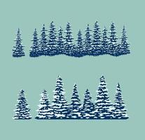 Set of snow trees, hand drawn line style with digital color, vector illustration