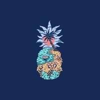 Vector illustration of pineapple beach, hand drawn line style with digital color