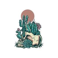 Skull with cactus, hand drawn line with digital color, vector illustration