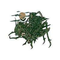 Vector illustration of grim reaper riding grasshopper, hand drawn line style with digital color