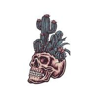 Skull with cactus, hand drawn line with digital color, vector illustration