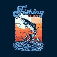 Salmon fishing, hand drawn line style with digital color, vector illustration