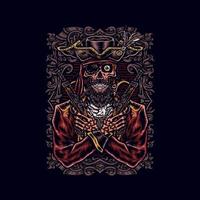 Pirate skull holding a gun, hand drawn line style with digital color, vector illustration, isolated on dark background