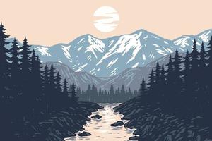 Panorama of Mountains, Evergreen Trees, Landscape Background, hand drawn line style with digital color, vector illustration