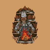 chef esqueleto asando carne, estilo de línea dibujada a mano con color digital, ilustración vectorial vector