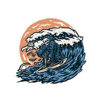 Vector illustration of grim reaper surfing, hand drawn line style with digital color