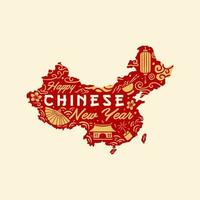 diseño de mapas de año nuevo chino, estilo de línea dibujada a mano con color digital, ilustración vectorial vector